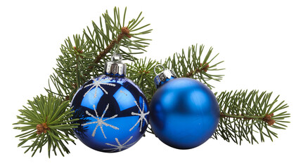 Festive blue Christmas ornaments with pine boughs for holiday joy