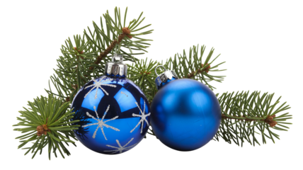 Festive blue Christmas ornaments with pine boughs for holiday joy