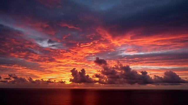 Vibrant sunset over the ocean with dramatic clouds reflecting warm colors, creating a serene atmosphere