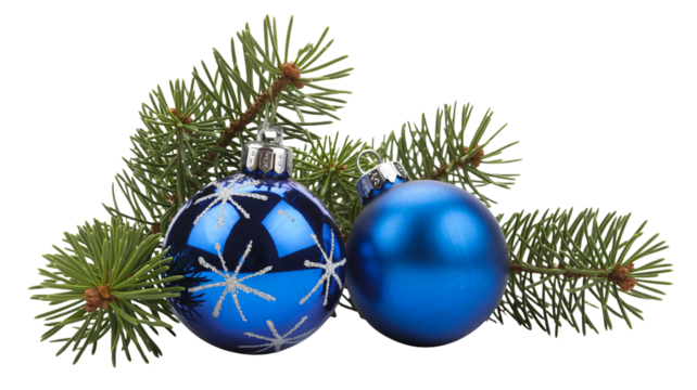 Festive blue Christmas ornaments with pine boughs for holiday joy