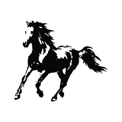 Black and white silhouette illustration of a horse running fast vintage art style vector