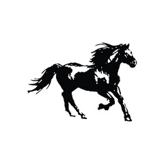 Black and white silhouette illustration of a horse running fast vintage art style vector