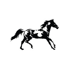 Black and white silhouette illustration of a horse running fast vintage art style vector
