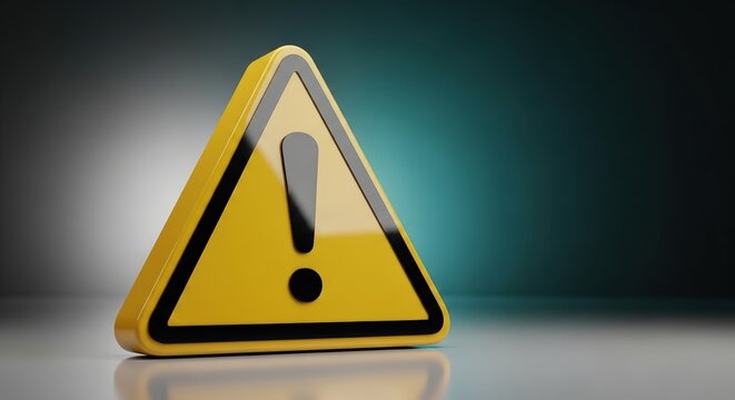 Yellow triangular warning sign with black exclamation mark, prominently displayed against a blurred gradient background, symbolizing caution and alertness in traffic and safety contexts