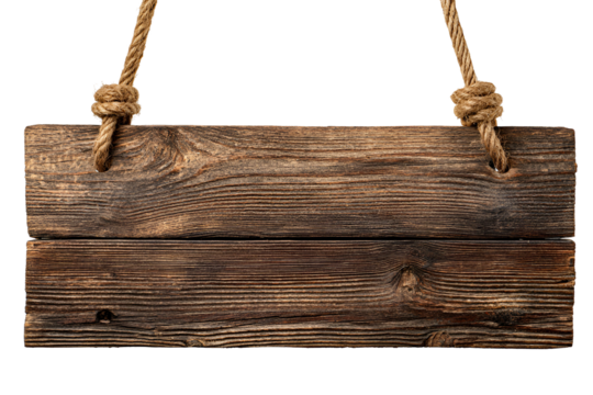 Rustic weathered wooden sign hanging by rope isolated on transparent background