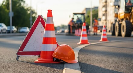 Traffic cones and warning sign placed on the road, with construction workers in the background, indicating road work and safety measures in a busy urban environment with copy space