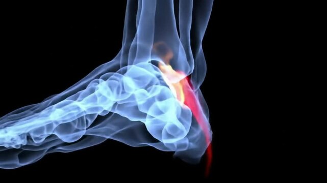 Animated Foot XRay Showing Heel Pain and Inflammation on a Black Background