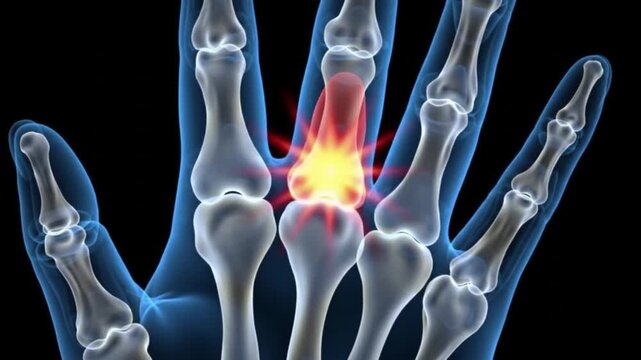 Animated Hand XRay Showing Finger Joint Inflammation and Pain on Black Background