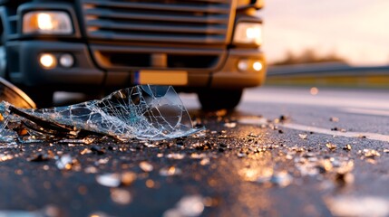 Broken glass on road after truck accident