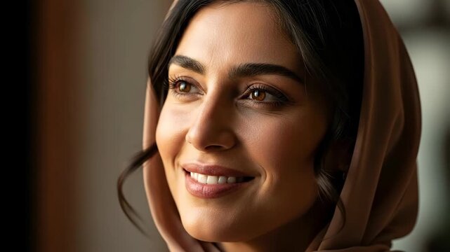 A close-up shot of a woman looking away, wearing a head covering, smiling. Focus on face details