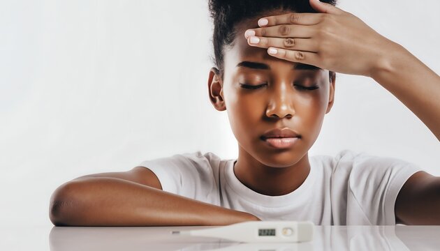 Young Black woman feeling unwell with a fever, checking her temperature with a digital thermometer on a white background.