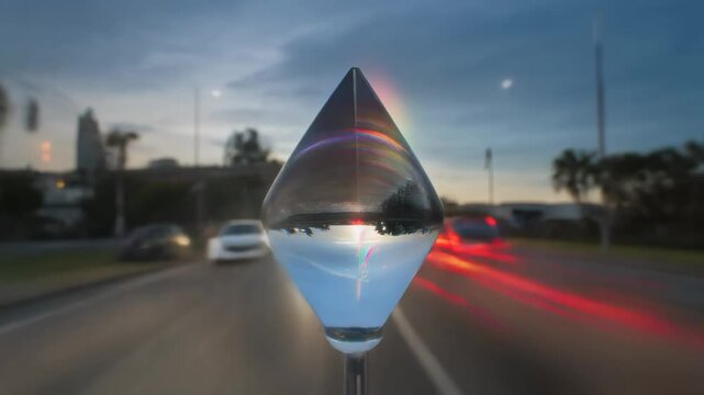 Objeto de cristal en forma de l&aacute;grima reflejando un paisaje acu&aacute;tico en un entorno urbano al atardecer.