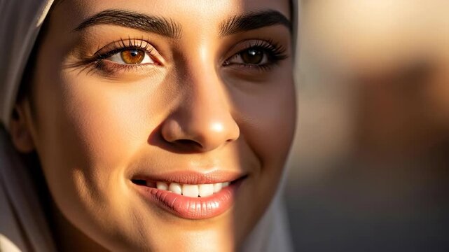 A close-up portrait of a woman's face, bathed in warm sunlight. Her eyes are captivating and the light caresses her skin with golden hues