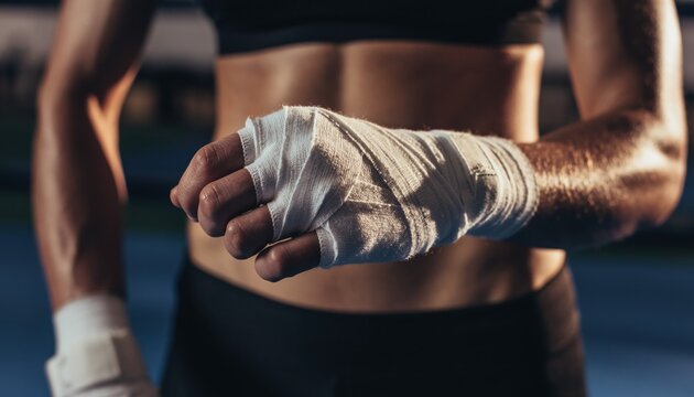 A person's wrapped hand is clenched into a fist, showcasing the preparation for combat sport