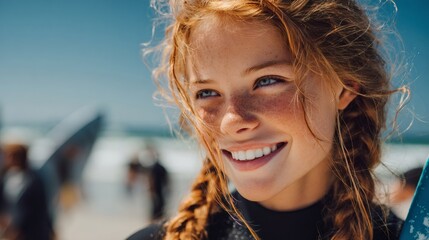 Redhead woman smiling at beach before surfing