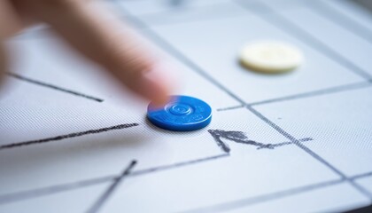 A person's finger gently pushes a blue and red game piece across a board with lines, while another yellow game piece sits in the background, creating a sense of strategy and play