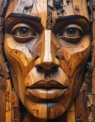 Close-up of a carved wooden face, showcasing intricate detail and texture