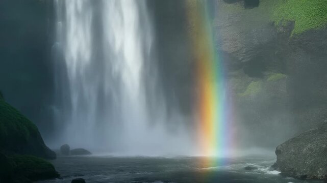 Impresionante cascada con un arco&iacute;ris vibrante emergiendo de la niebla en un paisaje natural.