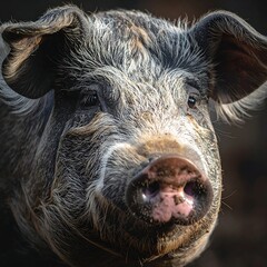 Close-up of a charming pig with a detailed face and textured fur