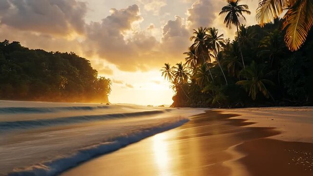 Breathtaking tropical beach scene at sunset with golden light rolling ocean waves silhouetted palm trees for tranquil atmosphere relaxing vacation mood exotic paradise escape peaceful nature concept