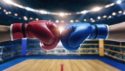 Two boxing gloves, one red and one blue, are touching in the center of a boxing ring, with the focus on the gloves and the blurred background of the arena