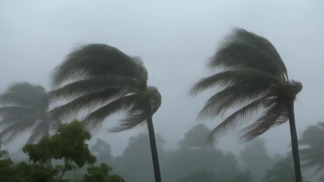 Palmeras azotadas por fuertes vientos y lluvia durante una tormenta tropical o hurac&aacute;n.