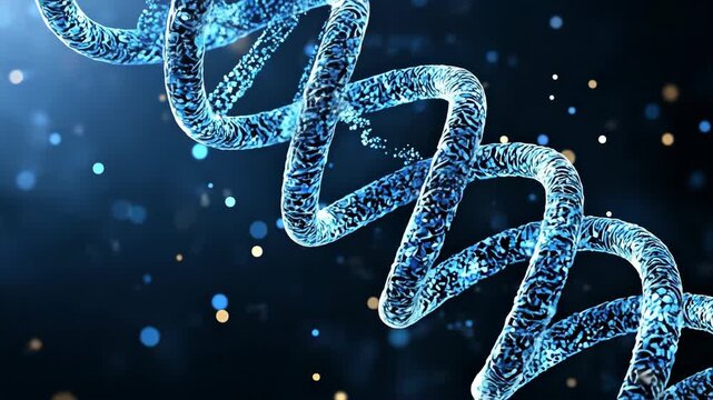 A detailed 3D rendering of a DNA double helix, with detailed textures and lighting. It floats in a dark, slightly blurred blue field