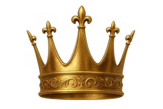 Golden crown displaying royal power and monarchy symbolizing success, luxury, and leadership on transparent background
