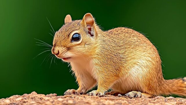 A detailed portrait showcases a cute, furry chipmunk in nature setting, with a green background