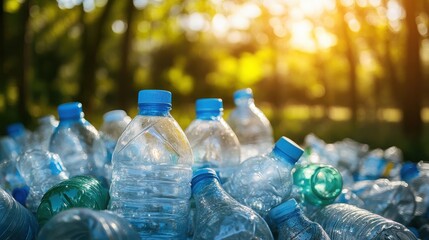 Recycled plastic bottles in a forest environment showing sustainability