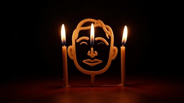 Eerie candlelight illuminating a wax face figure casting shadows creating mystery for Halloween, spooky, and gothic themes with flickering flame - Powered by Adobe
