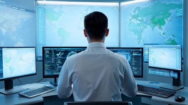 Person working at a multimonitor control room