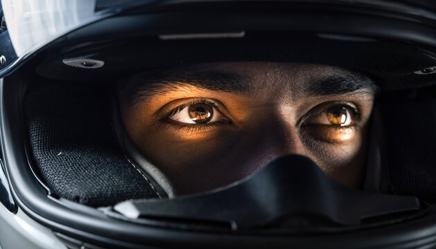 Close-up shot captures a person's eyes peering out from inside a dark motorcycle helmet, showcasing the intensity and focus of the individual within the protective gear