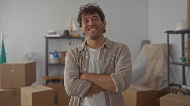 Hispanic man smiling confidently in a new home with unpacked boxes and minimal decor suggesting a fresh start and an exciting new chapter.