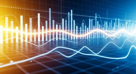 Abstract Digital Bar Graph and Wavy Line Chart Showing Financial Data