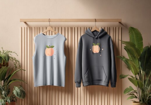 a mockup of two designs for t-shirts and hoodies on wooden slats: one light blue tank top with a cute illustration in the shape of an apple, and a second dark grey hoodie with a peach fruit motif