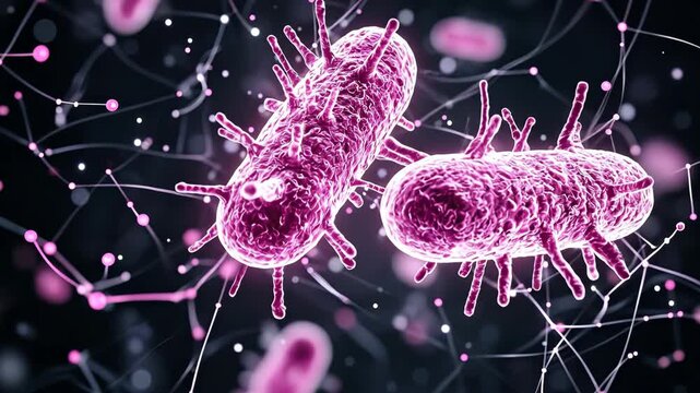 Artistic depiction of microbial life, showcasing pink-hued bacterial cells. Detailed rendering with interconnected networks in a dark background