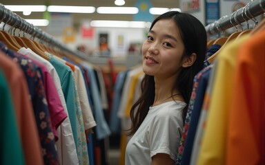 A thoughtful young woman carefully selecting from an assortment of second-hand clothing in a well-lit thrift store environment.. High quality