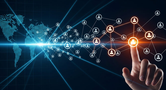 Hand Touching Global Social Network Connection Point on World Map - Powered by Adobe