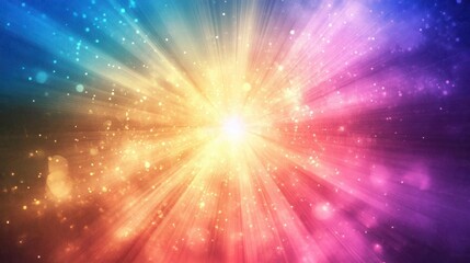Abstract colorful light burst background with bokeh effect and starburst rays