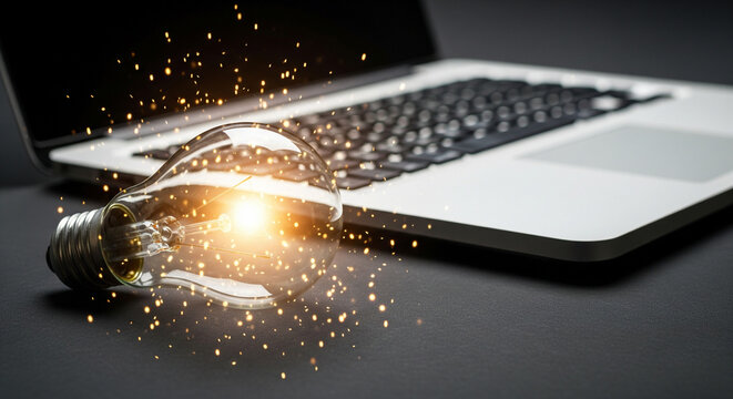 Glowing Light Bulb and Laptop - Digital Idea and Innovation Concept