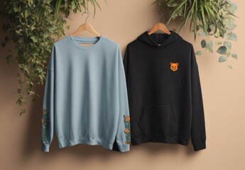 a mockup of two designs side by side, one is an oversized blue t-shirt with a minimalistic, cute animal print on the left and right sides, hanging from wooden hangers in front of a light brown wall