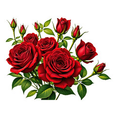 Fototapeta premium Beautiful Red Rose Flower Arrangement with Green Leaves and Buds Isolated on Transparent Backdrop