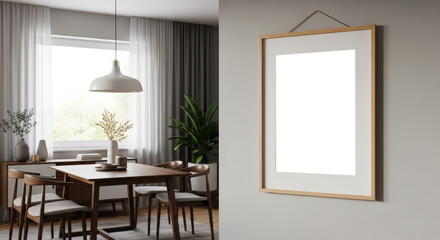 Modern Dining Room With Large Window And Hanging Frame Mockup Natural Light Wood Furniture