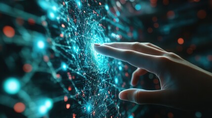 Hand interacting with a complex digital network of data and connections