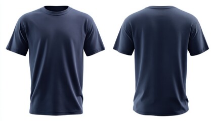 a navy blue t-shirt mockup, front and back view on a white background. high-resolution, professional photograph, sharp focus, studio lighting, stock photography, hdr, high quality