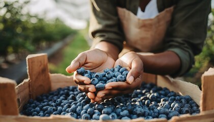 Hands holding freshly picked blueberries