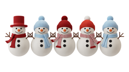 Festive snowmen wearing hats and scarves share holiday cheer