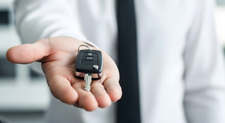 Businessman's Hand Holding and Offering Car Key for Sale, Rental, or Automotive Deal
