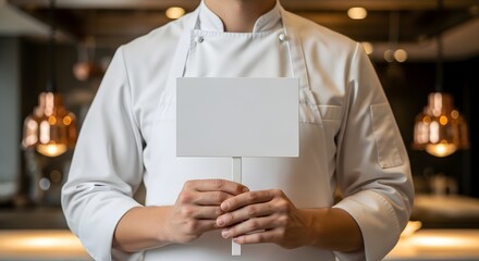 Executive Chef in White Uniform Holding Small Blank Sign on Stick in Kitchen